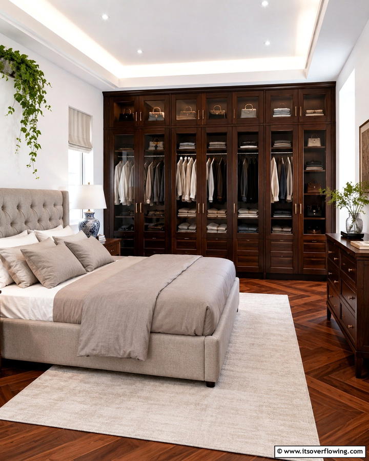 Dark Wood Wardrobe with Glass Panels - 25 Dark Wood Bedroom Ideas for a Sophisticated Look
