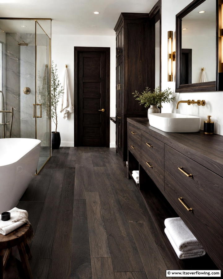 Dark Wood for a Dramatic Look - 30 Wood Floor Ideas for Bathrooms- Warmth Meets Function