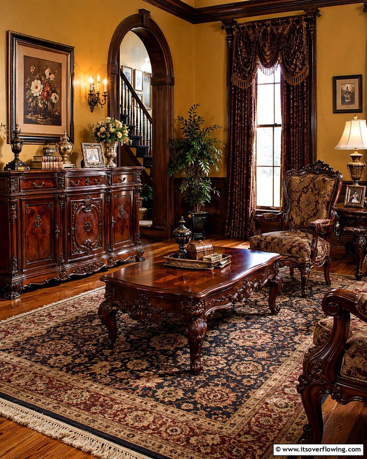 Dark Wooden Furniture with Carved Details - 25 Victorian Living Room Ideas for Elegant Spaces