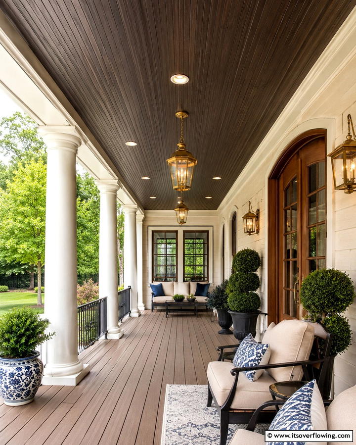 Dark Woodgrain Vinyl for Elegance - 20 Vinyl Porch Ceiling Ideas for a Stunning Outdoor Look