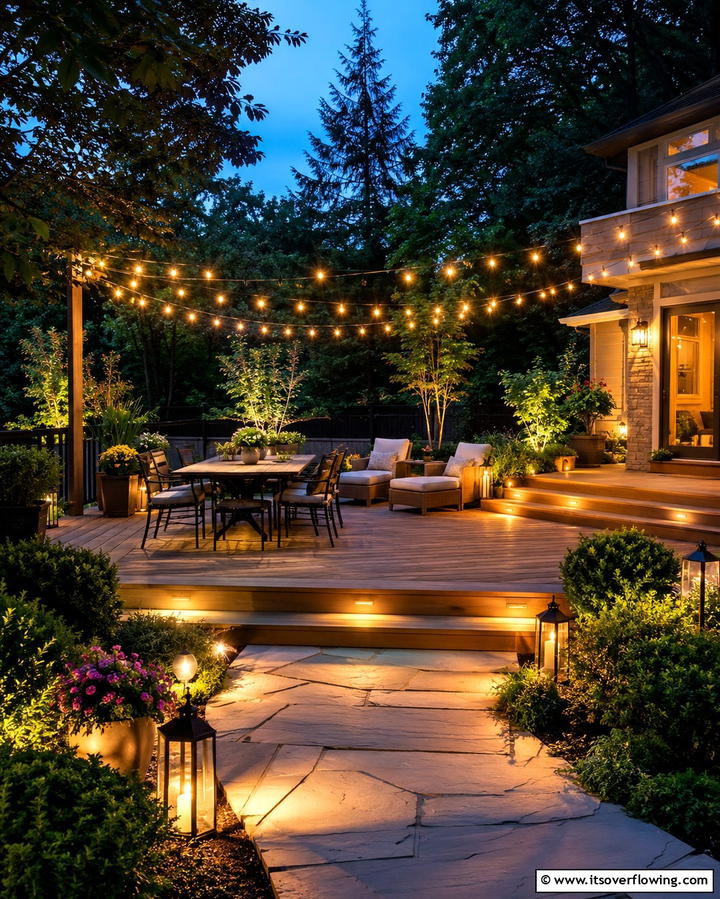 Deck and Patio with Outdoor Lighting - 25 Deck and Patio Combination Ideas for a Versatile Outdoor Space