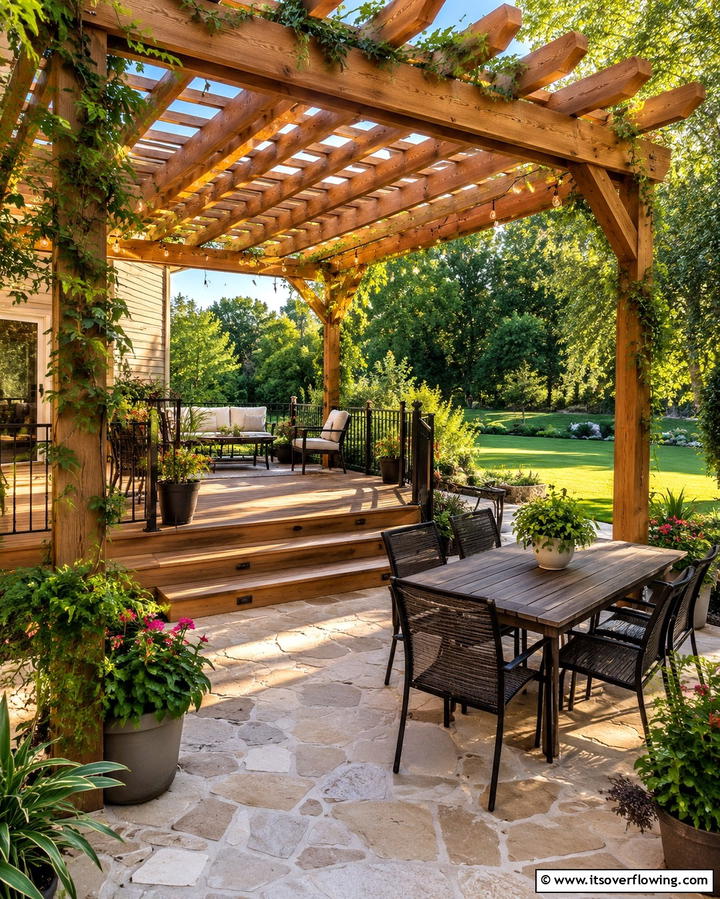 Deck and Patio with Pergola - 25 Deck and Patio Combination Ideas for a Versatile Outdoor Space