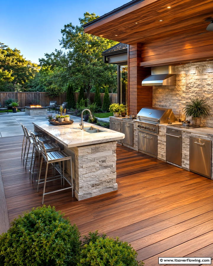 Deck with Outdoor Kitchen - 25 Ground Level Deck Ideas for Easy Outdoor Living