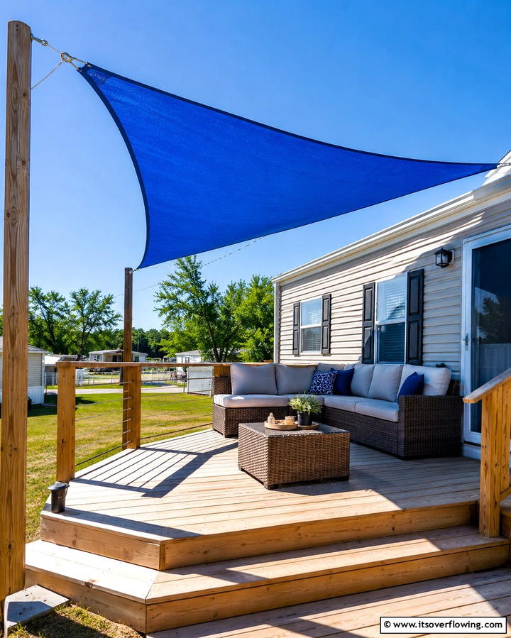 Deck with Shade Sail - 25 Mobile Home Deck Ideas to Enhance Your Outdoor Living
