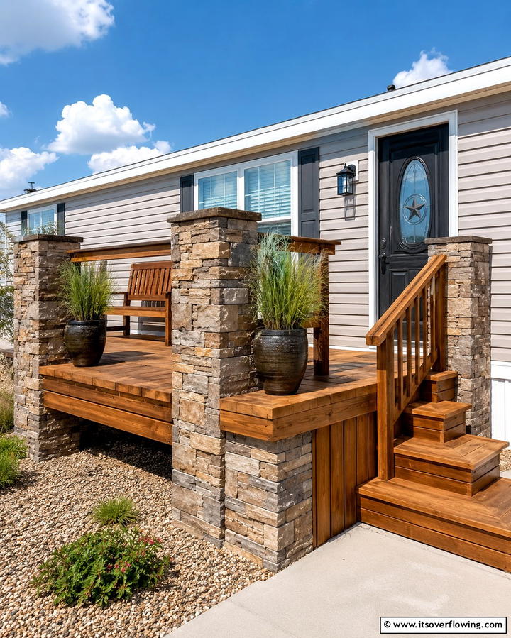Deck with Stone Accents - 25 Mobile Home Deck Ideas to Enhance Your Outdoor Living