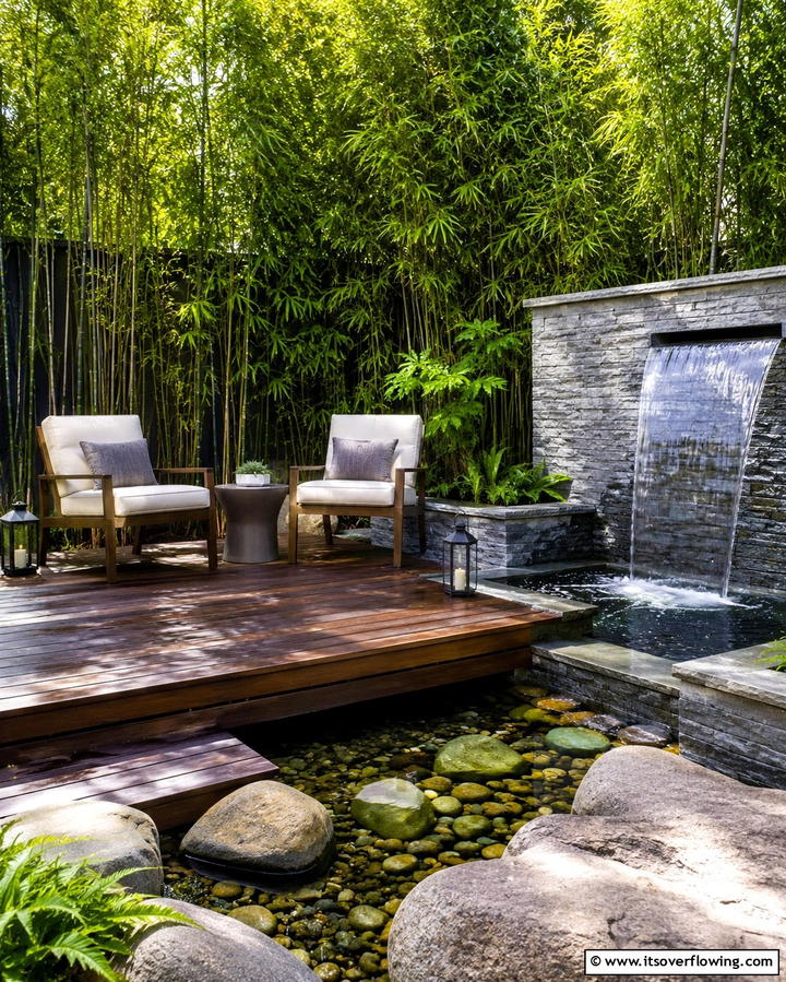 Deck with Water Feature - 25 Ground Level Deck Ideas for Easy Outdoor Living