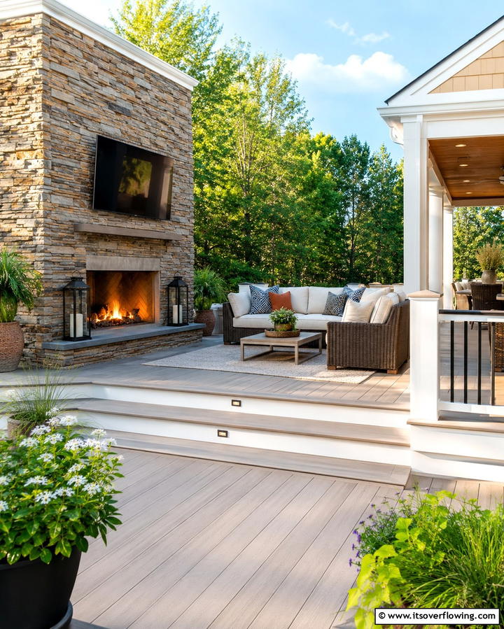 Deck with a Partial Stone Wall - 30 Partially Covered Deck Ideas for Flexible Outdoor Living