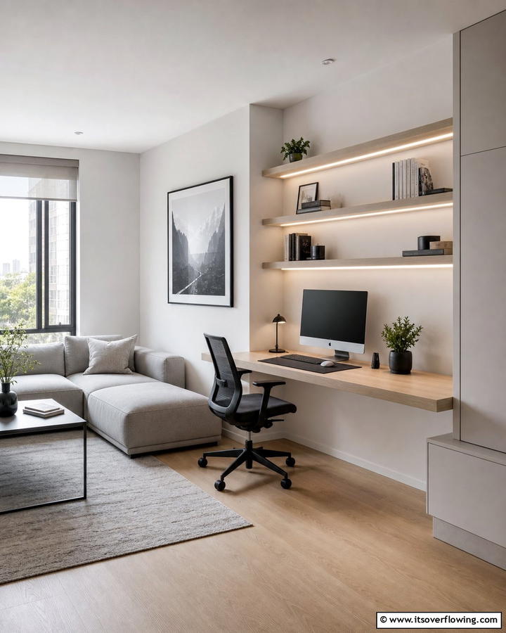 Decluttered Workstation Zones - 21 Minimalist Living Room Ideas to Simplify Your Space
