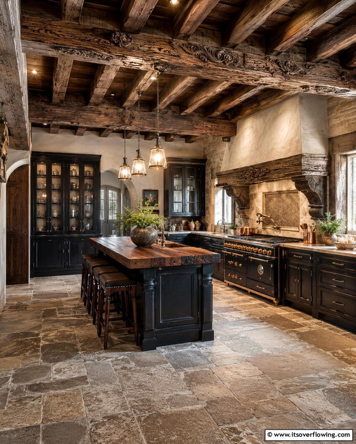 Decorative Ceiling Beams - 30 Gothic Kitchen Ideas for Dramatic Dark Aesthetic Spaces