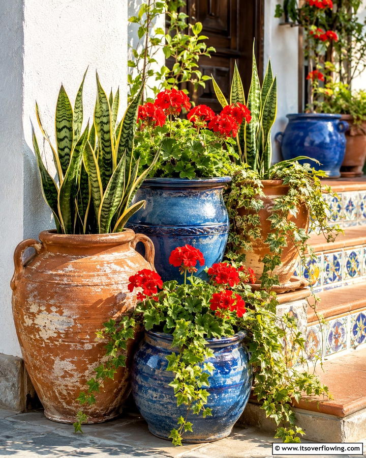 Decorative Clay Pots - 25 Beautiful Front Yard Spanish Style Landscaping Ideas