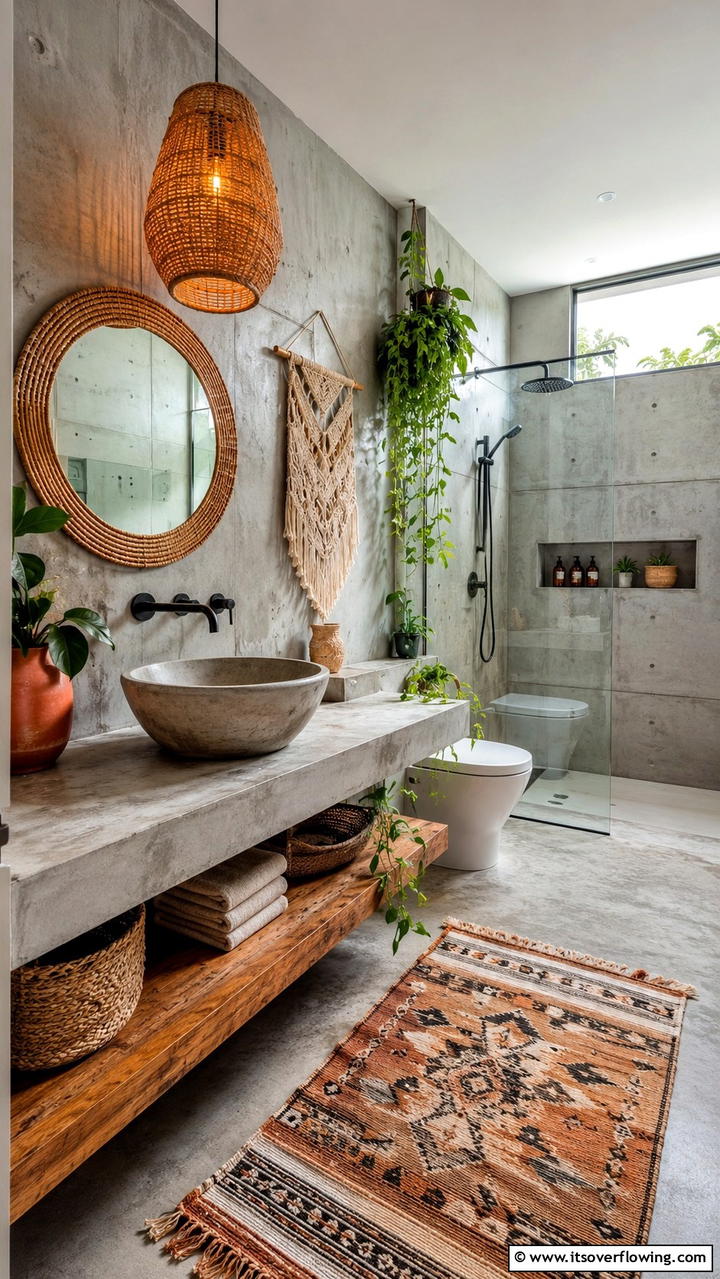 Decorative Concrete Accents - 30 Boho Bathroom Ideas for Relaxed, Global-Inspired Style