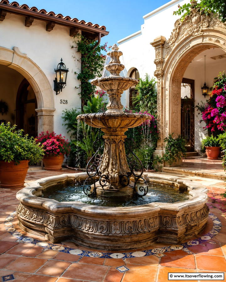 Decorative Fountains - 30 Spanish Bungalow Exterior Ideas for Mediterranean Charm