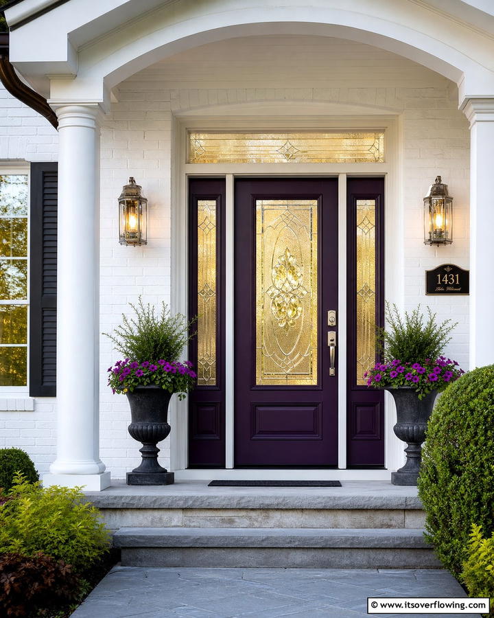 Decorative Glass Inserts for Elegance - 20 Dark Purple Front Door Ideas for a Bold Entrance