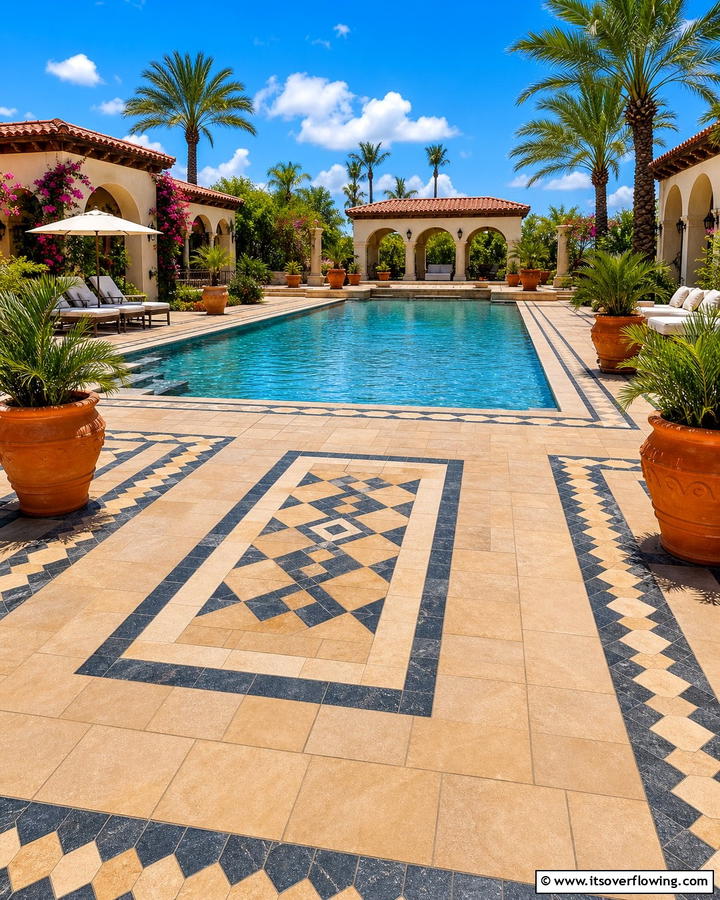 Decorative Inlays Accent - 30 Concrete Pavers Around Pool Ideas for Durable Style