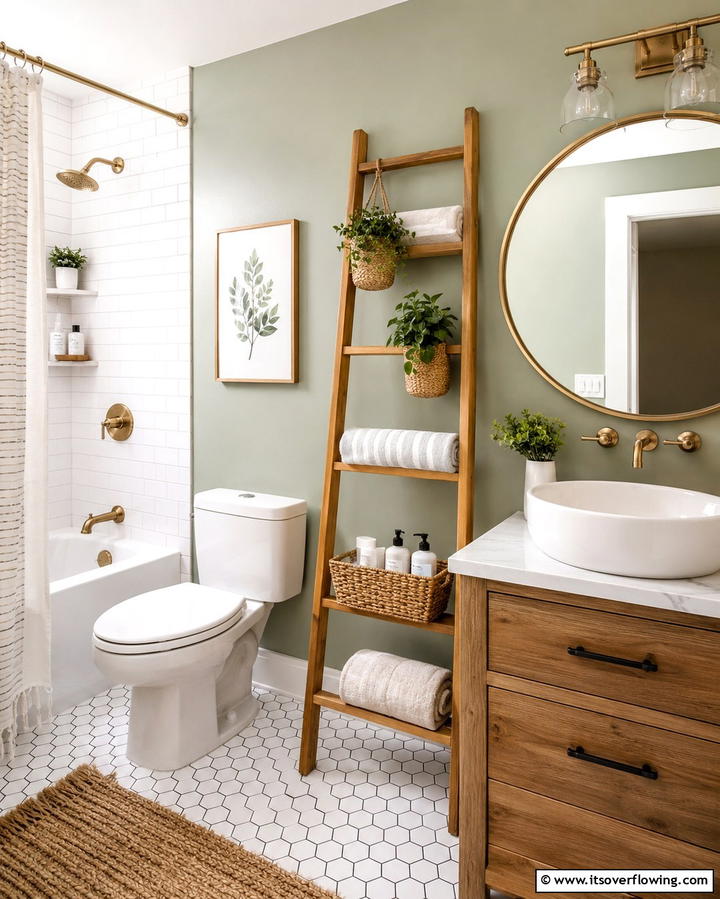 Decorative Ladder Rack - 30 Small Bathroom Shelving Ideas for Smart Storage
