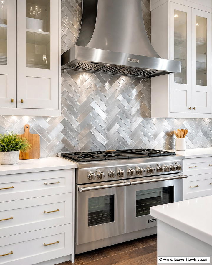 Decorative Metallic Backsplash - 25 White Kitchen with Stainless Steel Appliances Ideas