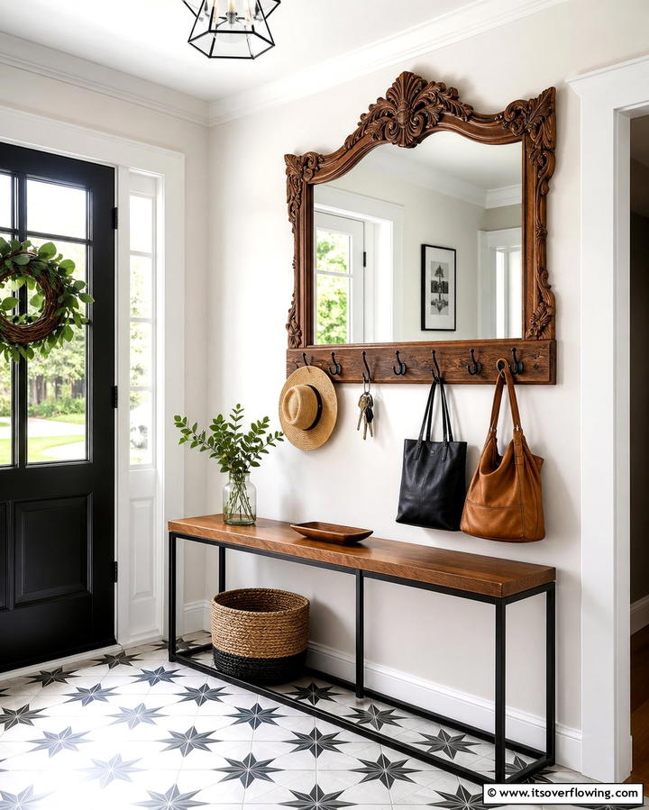 Decorative Mirror with Hooks - 25 Drop Zone Ideas to Keep Your Home Organized and Tidy