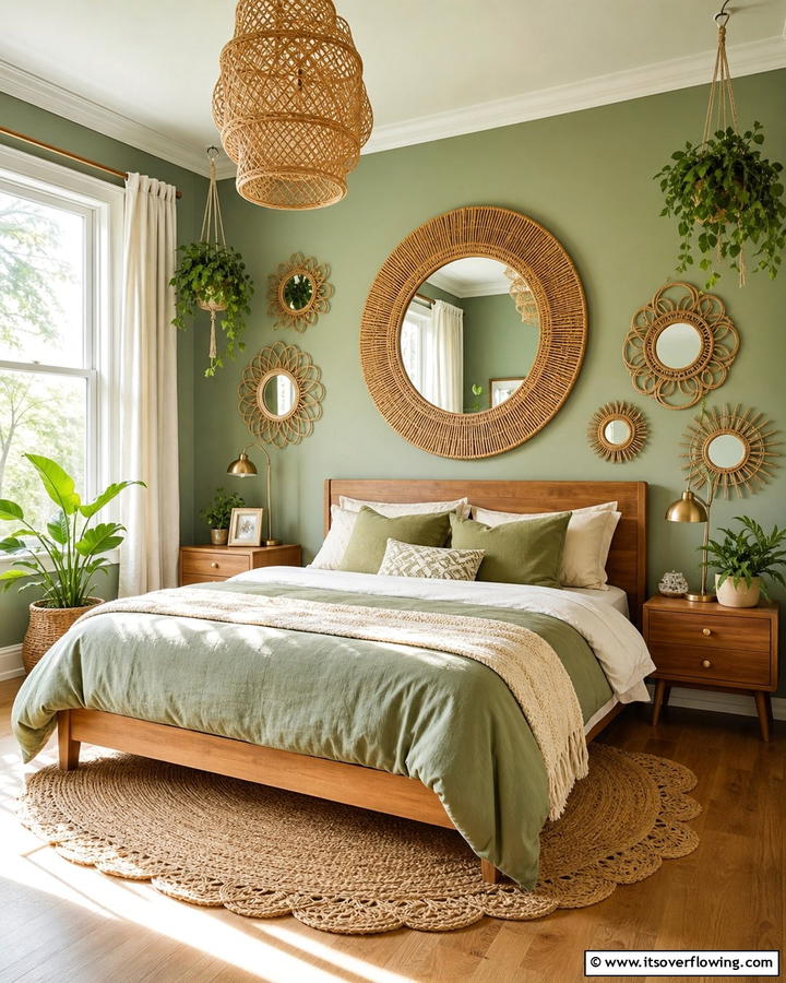 Decorative Mirrors with Boho Frames - 25 Boho Sage Green Bedroom Ideas for a Serene Retreat