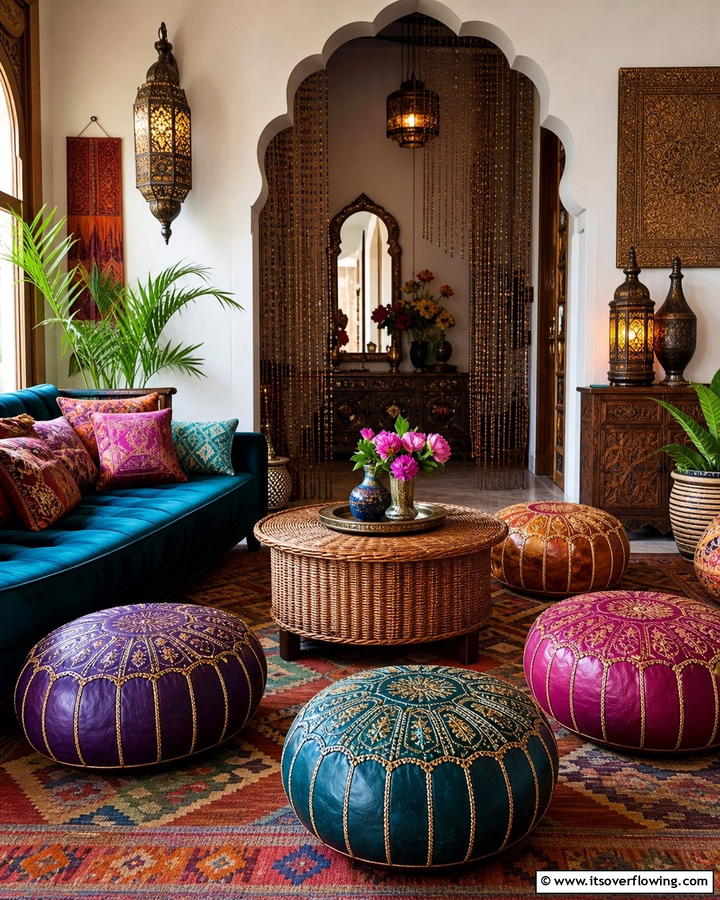 Decorative Moroccan Poufs - 20 Gypsy Bohemian Living Room Ideas for Free Spirits