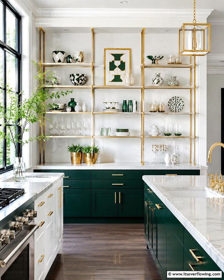 Decorative Open Shelving - 30 Art Deco Kitchen Ideas for Timeless Elegance