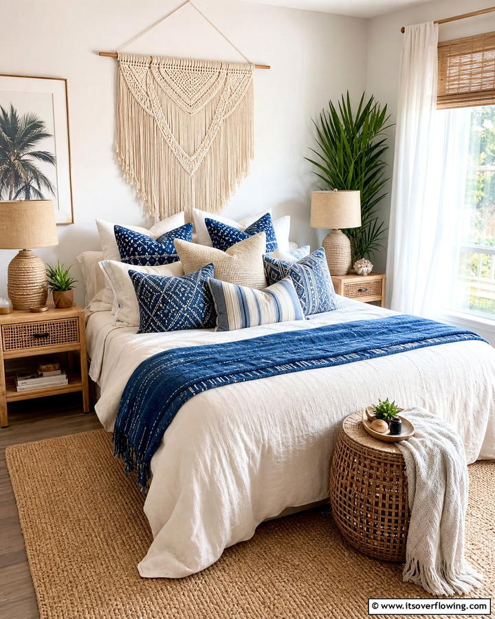Decorative Pillows for a Boho Layered Look - 20 Boho Beach Bedroom Ideas for a Relaxing Retreat