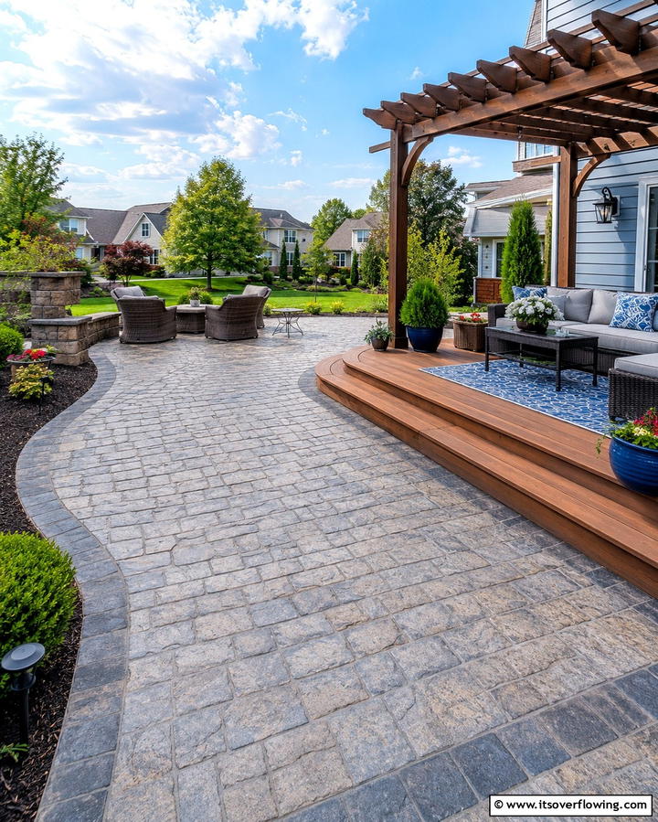 Decorative Stamped Concrete Patio with Deck - 25 Deck and Patio Combination Ideas for a Versatile Outdoor Space