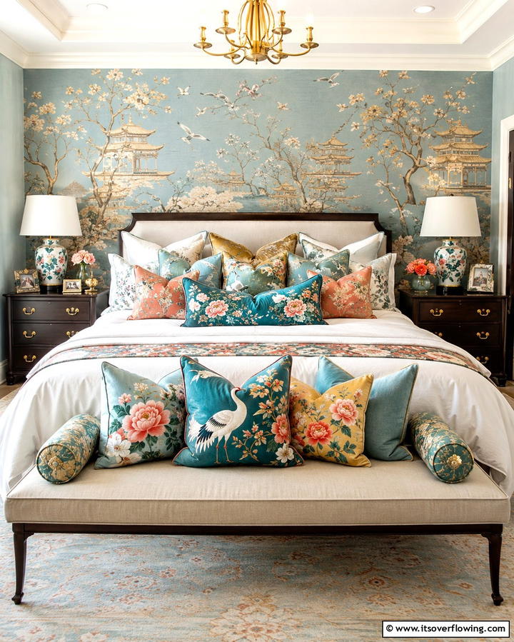 Decorative Throw Pillows - 25 Chinoiserie Bedroom Ideas for an Exotic Touch