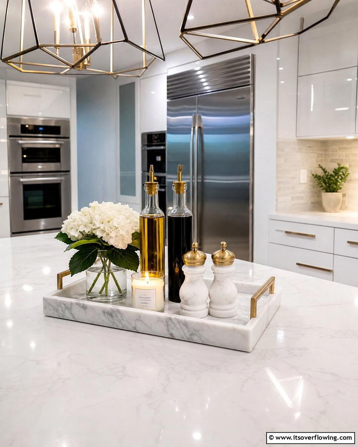 Decorative Trays with Essentials - 20 Kitchen Island Centerpiece Ideas for a Stunning Look