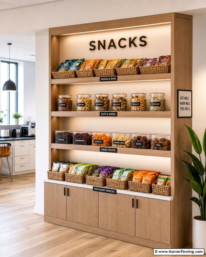Dedicated Snack Shelves - 20 Office Kitchen Ideas to Maximize Your Workspace