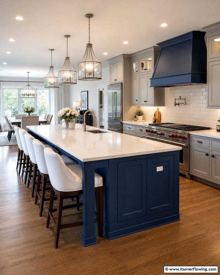 Deep Blue Island with Integrated Seating - 25 Blue Kitchen Island Ideas for a Fresh Look