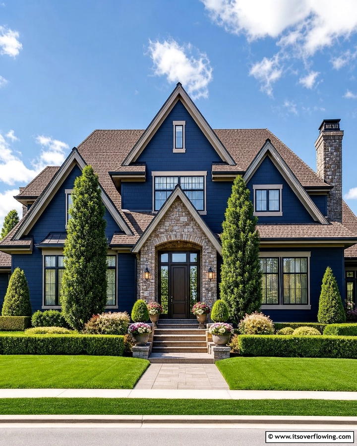 Deep Blue and Brown Roof for a Sophisticated Look - 25 Stunning Blue Exterior Home with Brown Roof Ideas