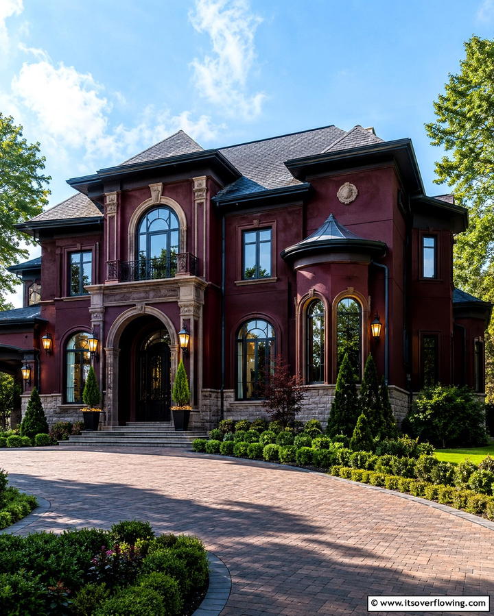 Deep Burgundy Elegance - 25 Red Home Exterior Ideas to Boost Curb Appeal