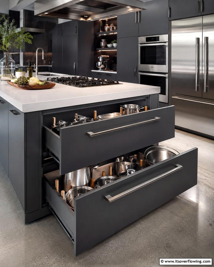 Deep Drawers for Pots and PansExact - 25 Smart Kitchen Island Storage Ideas for Organized Kitchens