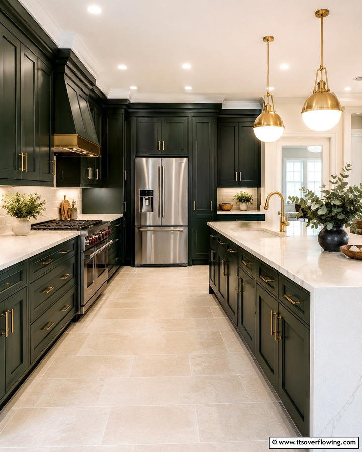 Deep Green Cabinets with Beige Countertops - 25 Warm Green and Brown Kitchen Design Ideas