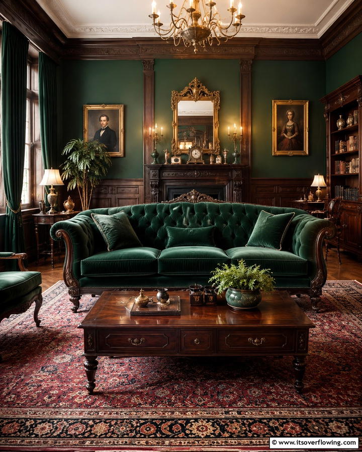 Deep Green Velvet Sofas - 25 Victorian Dark Green Living Room Ideas for Drama