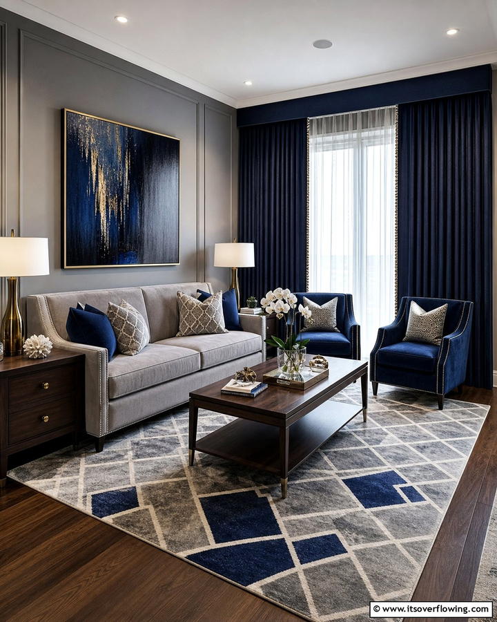 Deep Navy Sophistication - 30 Curtain Color Ideas Perfectly Paired With Gray Walls