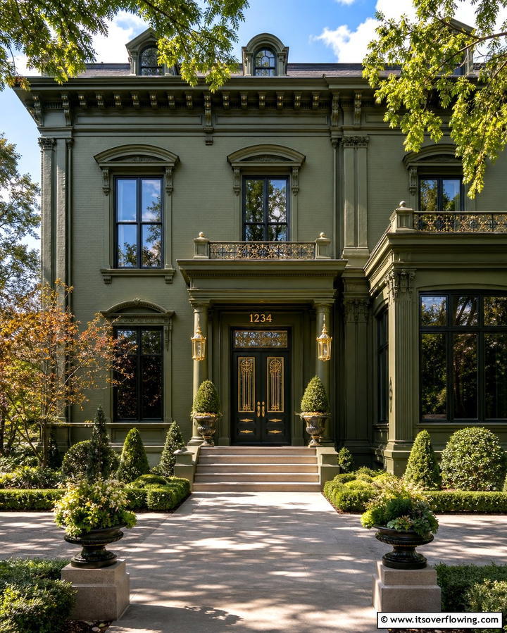 Deep Olive Green with Gold Accents - 25 Olive Green House Exterior Ideas for a Fresh and Natural Look