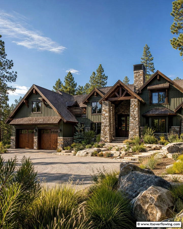 Deep Olive with Stone Elements - 25 Olive Green House Exterior Ideas for a Fresh and Natural Look