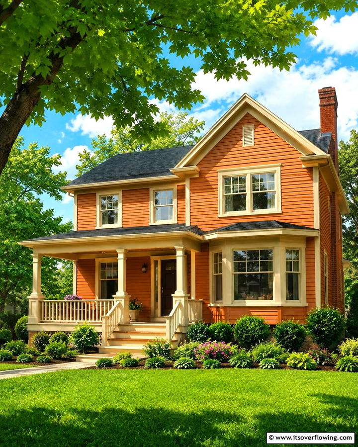 Deep Pumpkin with Cream Highlights - 25 Orange House Exterior Ideas for a Bold Look