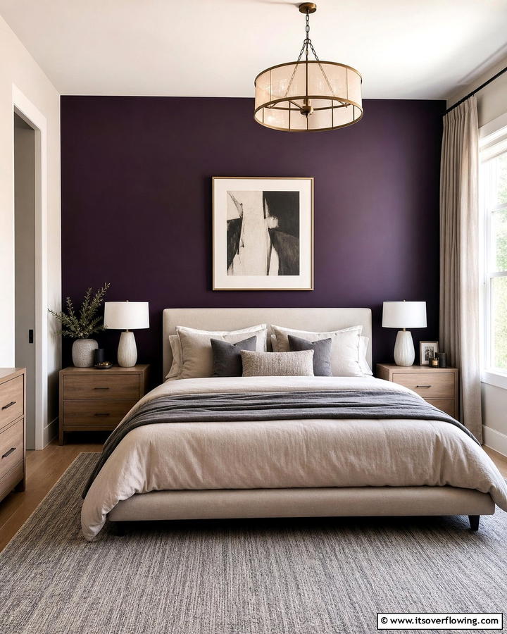 Deep Purple Accent Wall with Neutral Decor - 17 Purple Bedroom Ideas for Dreamy and Creative Spaces