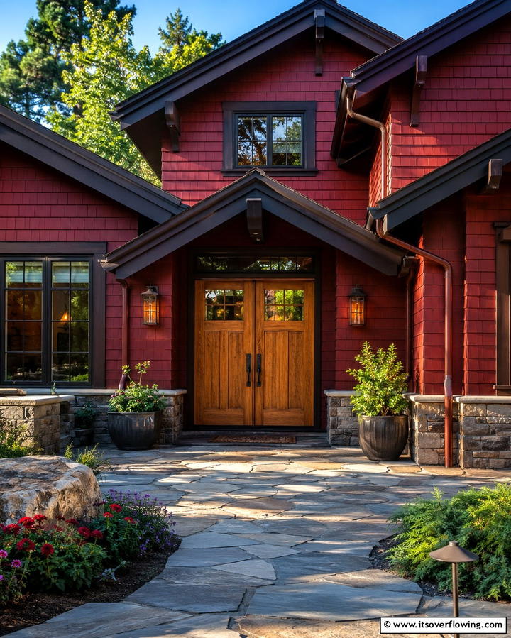 Deep Red with Wooden Doors - 25 Red Home Exterior Ideas to Boost Curb Appeal