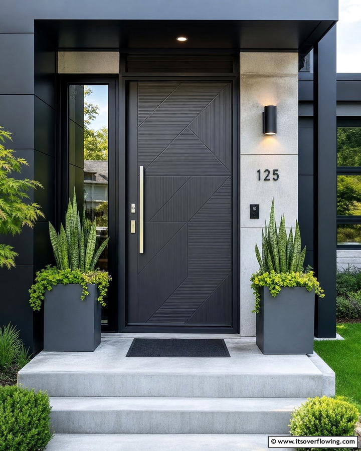 Deep Slate Gray with Geometric Patterns - 20 Dark Gray Front Door Ideas for a Modern Entryway