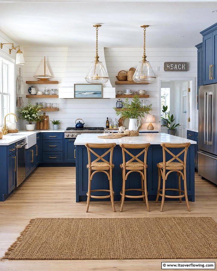Denim Blue Cabinets with Gold Rope Style Hardware - 25 Blue Kitchen Cabinets With Gold Hardware for a Luxe Look