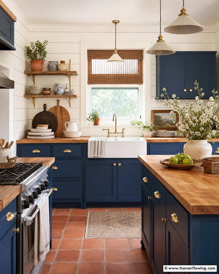 Denim Blue Cabinets with Hammered Gold Hardware - 25 Blue Kitchen Cabinets With Gold Hardware for a Luxe Look