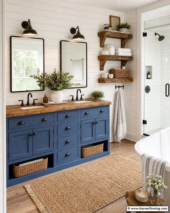 Denim Blue Vanity with Wooden Countertop - 25 Stunning Blue Bathroom Vanity Ideas