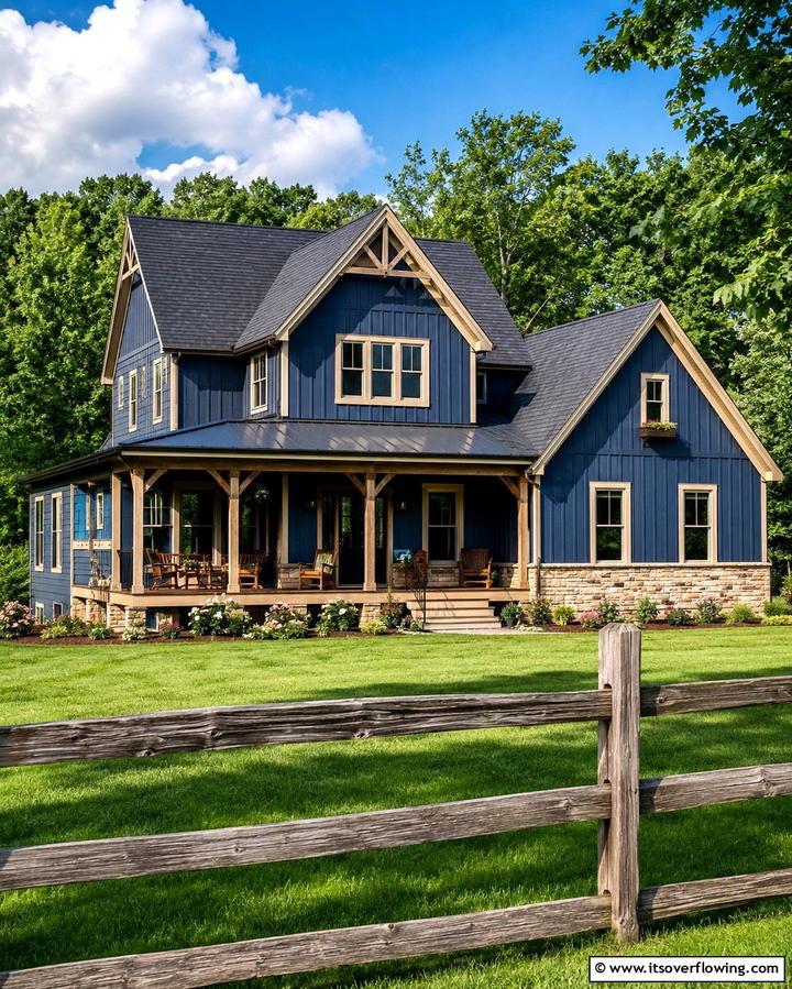Denim Blue with Beige Accents - 30 Serene Blue Exterior House Paint Ideas for Curb Appeal