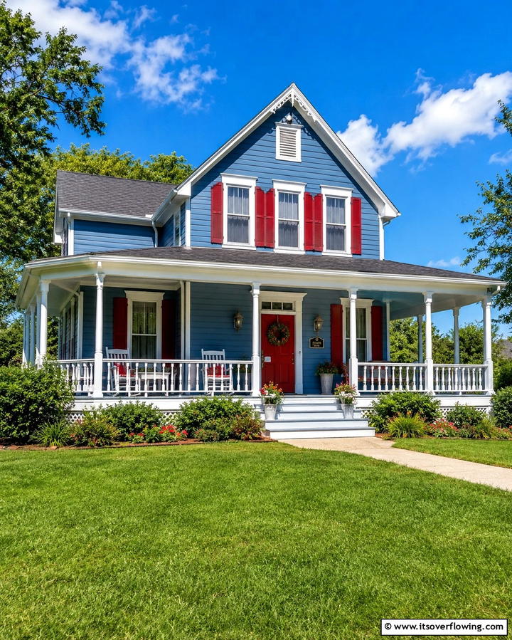 Denim Blue with White and Rustic Red Accents - 30 Serene Blue Exterior House Paint Ideas for Curb Appeal