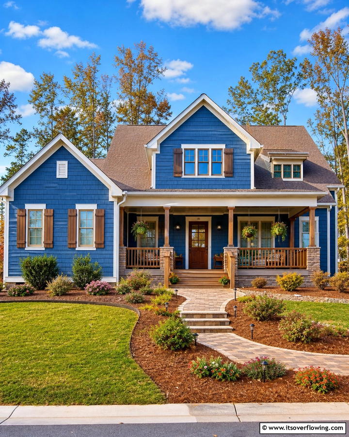 Denim Blue with a Brown Roof for a Casual Aesthetic - 25 Stunning Blue Exterior Home with Brown Roof Ideas