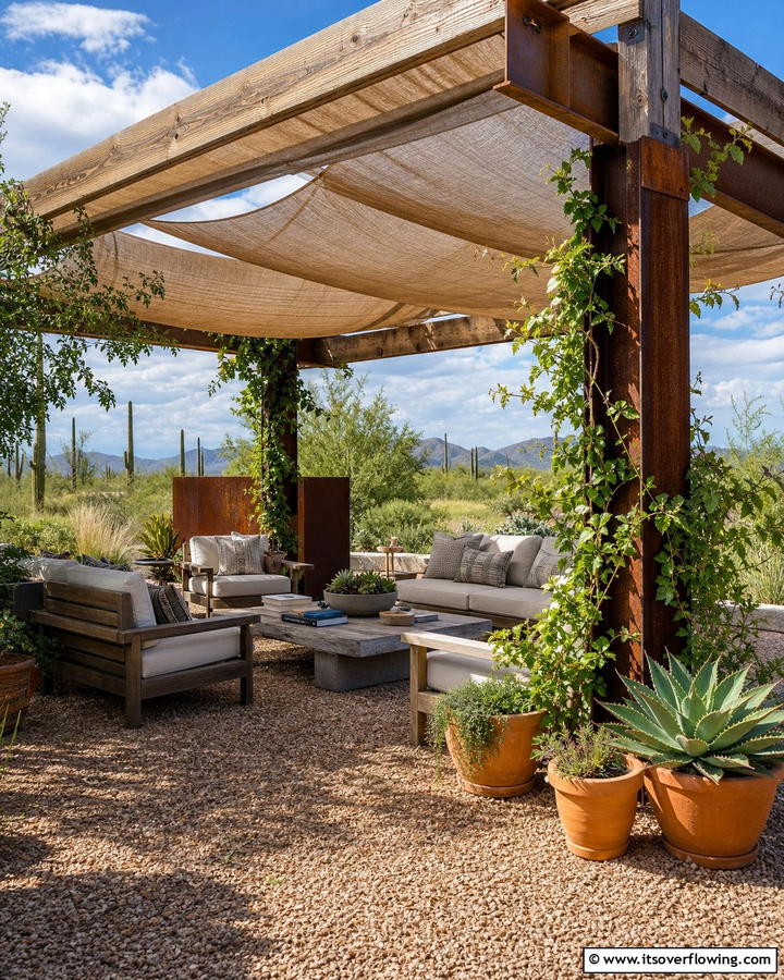 Desert Pergola and Seating Area - 30 Desert Landscape Ideas for Low-Water Gardens