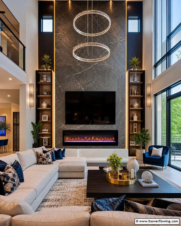 Despite Conventional Limits Modern Electric Fireplace with TV Overlook Feature - 30 Electric Fireplace Ideas With TV Above for Cozy Spaces